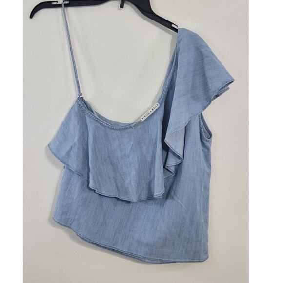 Alice + Olivia Top Womens Large One Shoulder Blue Nautical Beach Cottagecore Top - Picture 5 of 8